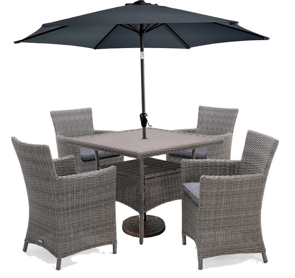 LifestyleGarden Bermuda 4 Seat Dining Set with Parasol and Base in in Grey
