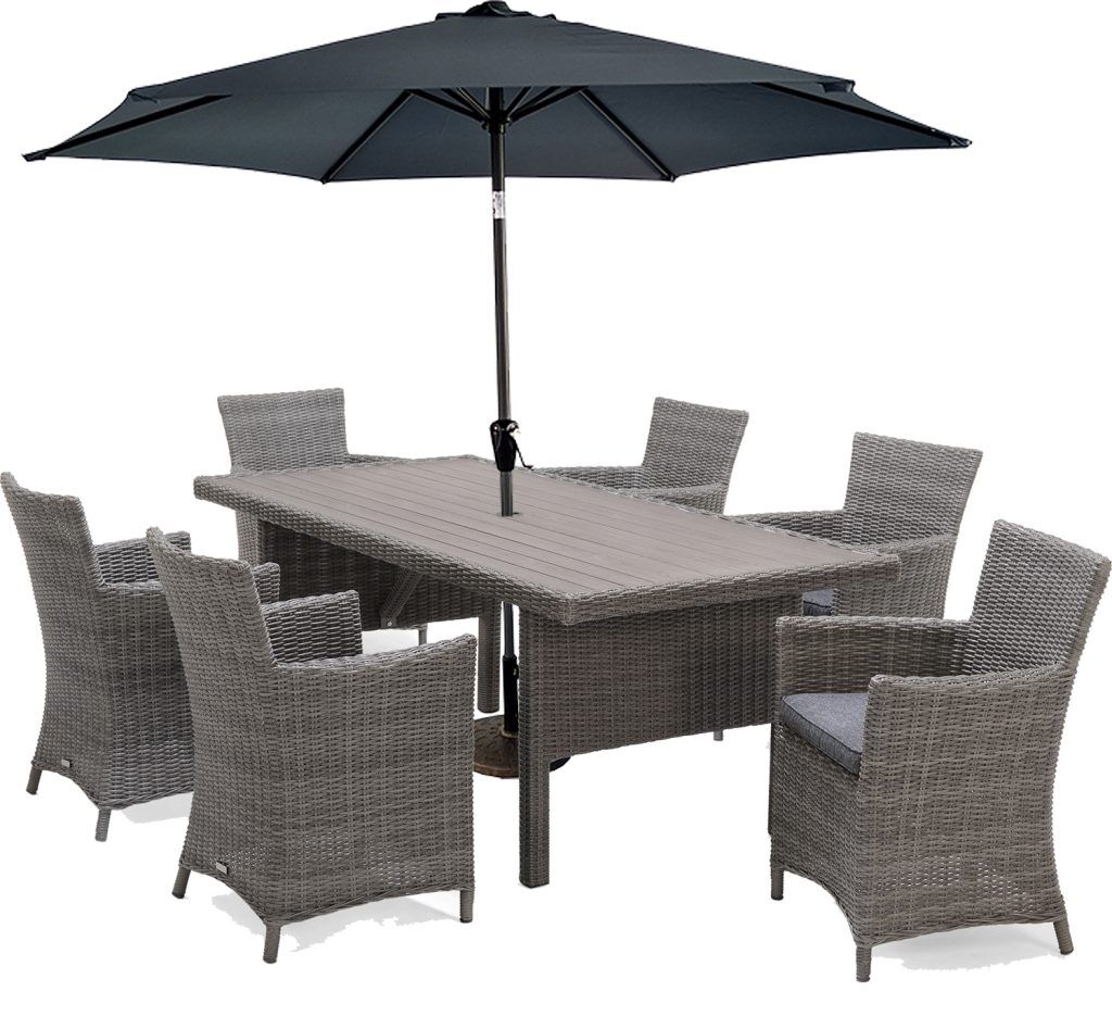 LifestyleGarden Bermuda 6 Seat Dining Set with Parasol and Base in in Grey