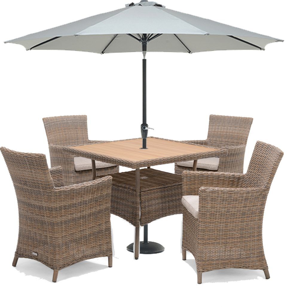 LifestyleGarden Bermuda 4 Seat Dining Set with Parasol and Base in in Natural