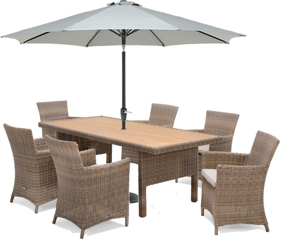 LifestyleGarden Bermuda 6 Seat Dining Set with Parasol and Base in in Natural